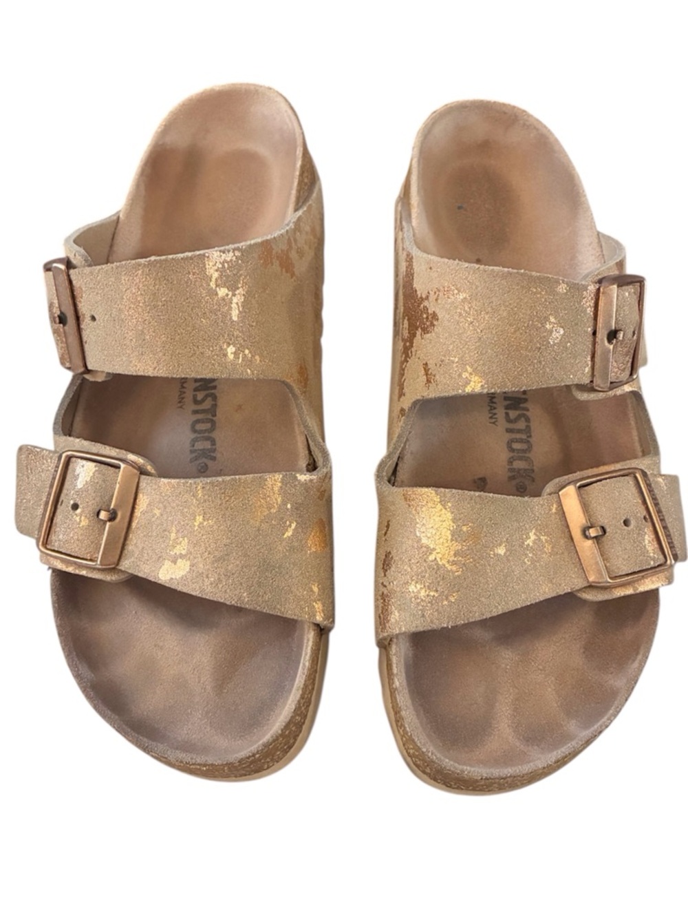Birkenstock 40 (9-9.5) Rose Gold Metallic Foil Leather Arizona Beige